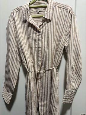 LOFT Beige Striped women’s button down shirt.